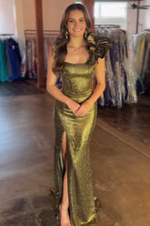 Long Beaded Mermaid Prom Dress in Golden with One Shoulder and Slit