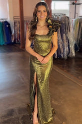 Long Beaded Mermaid Prom Dress in Golden with One Shoulder and Slit