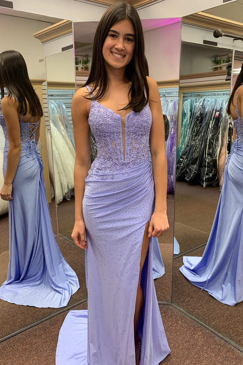 Long Corset Prom Dress with Lilac Spaghetti Straps and Beaded Mermaid Appliques