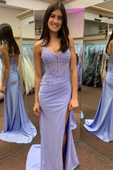 Long Corset Prom Dress with Lilac Spaghetti Straps and Beaded Mermaid Appliques