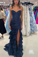 Long Red Mermaid Prom Dress with Ruffled Tulle and Lace Appliques Corset