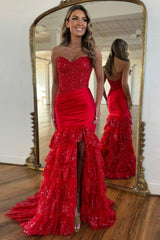 Long Red Mermaid Prom Dress with Ruffled Tulle and Lace Appliques Corset