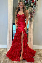 Long Corset Prom Dress in Red with Sweetheart Mermaid Cut Tulle Ruffles and Sequin Appliques