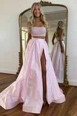 Long White Sparkly Prom Dress with Rhinestones - Two Piece Halter