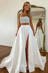 Long White Sparkly Prom Dress with Rhinestones - Two Piece Halter