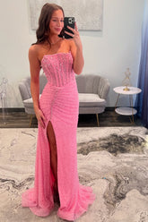 Long Pink Sparkly Strapless Mermaid Prom Dress with Beaded Sequin Details and Slit