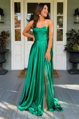 Sweetheart Dark Green Long Satin A-Line Corset Prom Dress with Ruched Detail and Slit