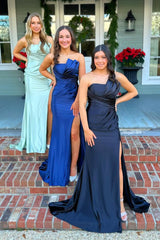 Long Black Satin Mermaid Prom Dress with Strapless Ruched Design and Slit