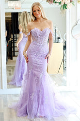 Long Lilac Mermaid Corset Prom Dress with Appliques and Off-Shoulder Tulle