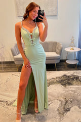 Strapless Mermaid Prom Dress in Light Green with Long Slit and Spaghetti Straps
