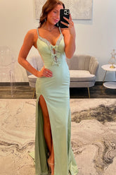 Strapless Mermaid Prom Dress in Light Green with Long Slit and Spaghetti Straps