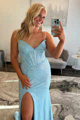 Light Blue Beaded Spaghetti Strap Mermaid Corset Prom Dress with Sparkles and Slit