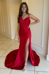 Long Red Mermaid Prom Dress with One Shoulder and Ruched Slit