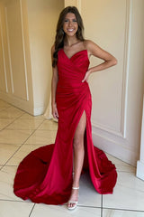 Long Red Mermaid Prom Dress with One Shoulder and Ruched Slit