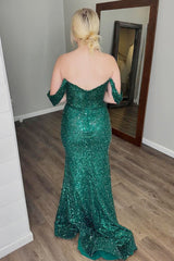 Long Dark Green Sparkly Sequin Mermaid Prom Dress with Slit and Off-Shoulder Design