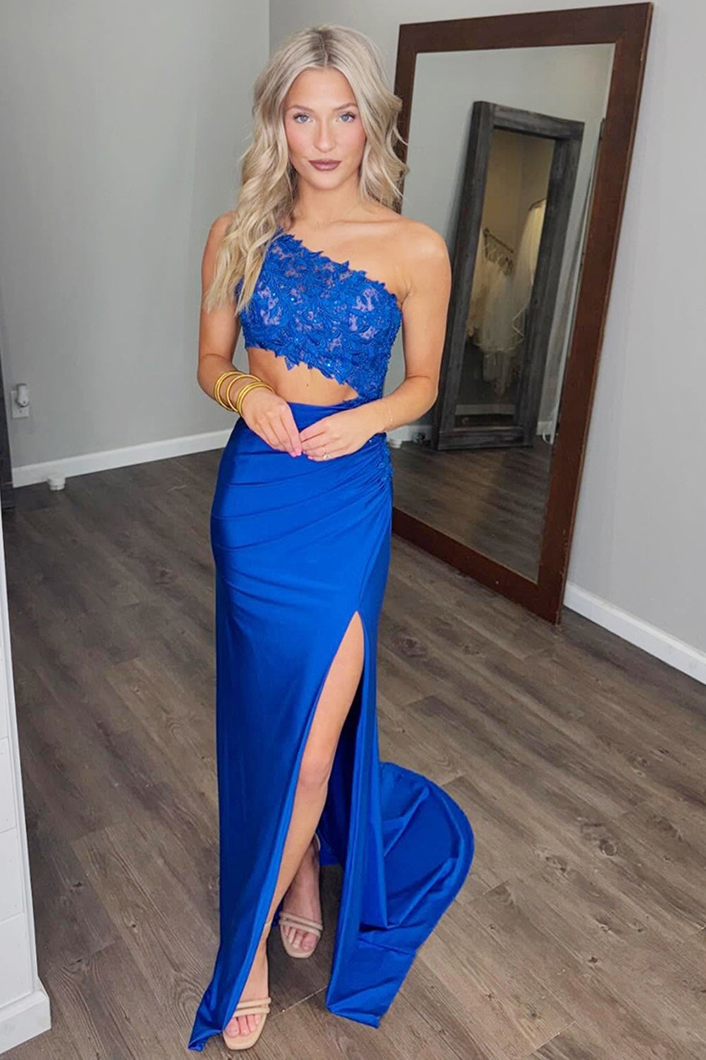 One Shoulder Royal Blue Mermaid Prom Dress with Applique Cut Out and Slit in Satin