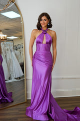 Long Sage Satin Prom Dress with Flower Halter Backless Style