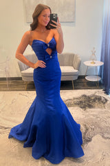 Elegant Long Mermaid Prom Dress in Royal Blue Satin with Sweetheart Neckline and Bow