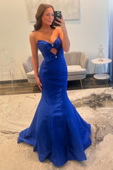 Elegant Long Mermaid Prom Dress in Royal Blue Satin with Sweetheart Neckline and Bow