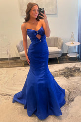 Elegant Long Mermaid Prom Dress in Royal Blue Satin with Sweetheart Neckline and Bow