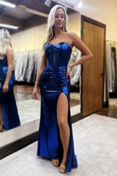 Metallic Long Prom Dress in Dark Blue with Glitter and Sweetheart Corset Featuring a Slit