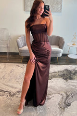 Long Brown Metallic Glitter Strapless Prom Corset Dress with Slit