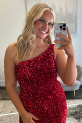Burgundy Plus Size One Shoulder Long Prom Dress with Sparkly Sequins and Slit