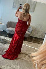 Burgundy Plus Size One Shoulder Long Prom Dress with Sparkly Sequins and Slit