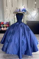 Dark Blue Quinceanera Ball Gown with Princess Spaghetti Straps and Appliques