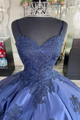 Dark Blue Quinceanera Ball Gown with Princess Spaghetti Straps and Appliques