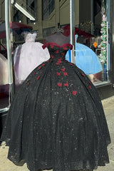 Off-the-Shoulder Black Red Sparkly Tulle Quinceanera Ball Gown with Butterfly