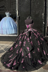 Strapless Black Pink Sparkly Quinceanera Ball Gown with Tulle Appliques and Bow