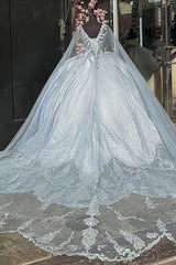Silver Princess Ball Gown with Spaghetti Straps and Cape Appliques for Quinceanera