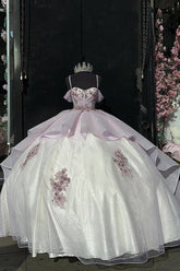 Pink Sparkle Cold-Shoulder Ball Gown with Ruffled Tulle and Appliques for Quinceanera