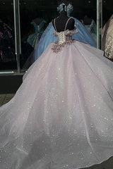 Pink Sparkle Cold-Shoulder Ball Gown with Ruffled Tulle and Appliques for Quinceanera