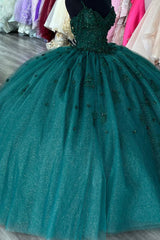 Dark Green Sparkly Quinceanera Ball Gown with Tulle Tassels and Sequined Appliques on Spaghetti Straps