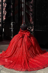 Sequined Off-the-Shoulder Red Ball Gown with Sparkly Tulle and Bow for Quinceanera