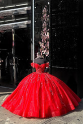 Off the Shoulder Red Glitter Ball Gown with Sequined Appliques for Quinceanera in Tulle