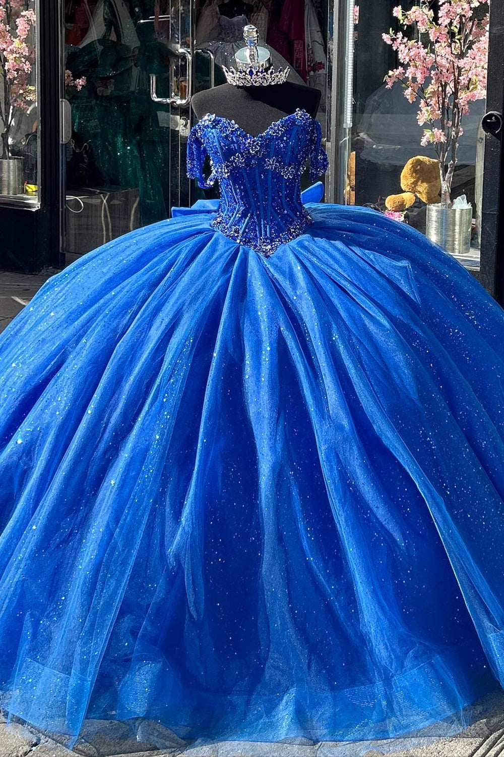 Royal Blue Sparkle Off-Shoulder Quinceanera Dress with Sequined Appliques and Tulle Bow