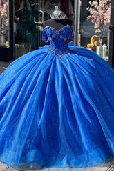 Royal Blue Sparkle Off-Shoulder Quinceanera Dress with Sequined Appliques and Tulle Bow