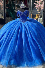 Royal Blue Sparkle Off-Shoulder Quinceanera Dress with Sequined Appliques and Tulle Bow