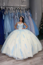 White and Blue Quinceanera Ball Gown with Spaghetti Straps and Tulle Appliques