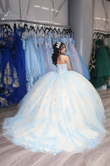 White and Blue Quinceanera Ball Gown with Spaghetti Straps and Tulle Appliques