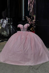 Off-the-Shoulder Pink Princess Ball Gown with Tulle Appliques and Bow for Quinceanera