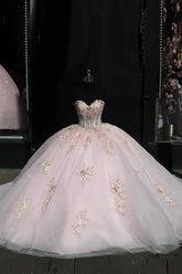Strapless Light Pink Tulle Quinceanera Dress with Sparkly Appliques
