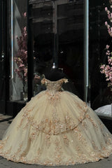Golden Sparkle Off-the-Shoulder Ball Gown with Ruffle Tulle and Sequined Appliques for Quinceanera