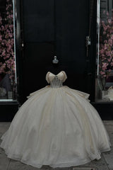 Off-the-Shoulder Apricot Ball Gown with Sparkly Tulle Ruffles and Bow for Quinceanera