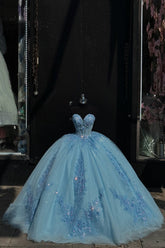 Strapless Tulle Quinceanera Dress in Sparkly Blue with Sequined Appliques