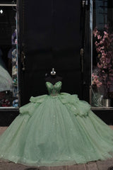 Strapless Green Princess Ball Gown with Ruffles and Tulle Appliques for Quinceanera
