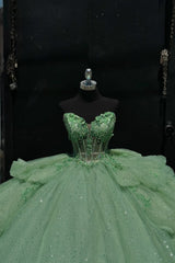 Strapless Green Princess Ball Gown with Ruffles and Tulle Appliques for Quinceanera